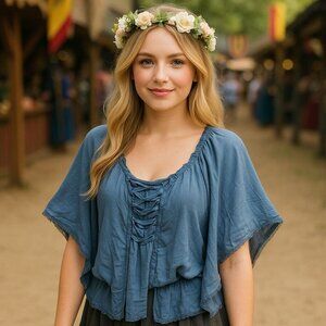 NEW Grass Collection Blue Renaissance Milk Maid Ethereal Fairy Flowy‎ Blouse L